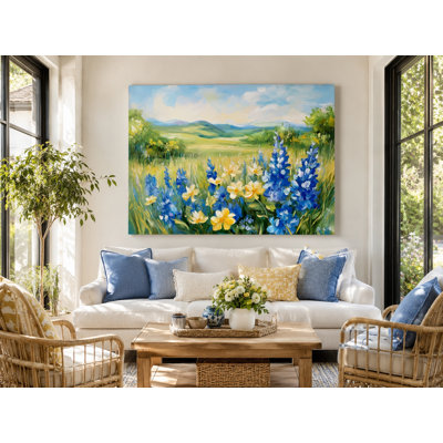 «Blue and Yellow Wildflowers in Sunny Meadow», art mural sur toile tendue