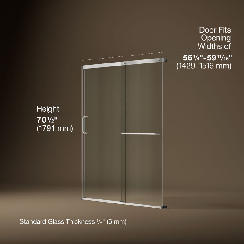 Elate Sliding Shower Door, 70-1/2-In H X 56-1/4 - 59-5/8-In W, With 1/4-In Thick Crystal Clear Glass, Silver/Clear