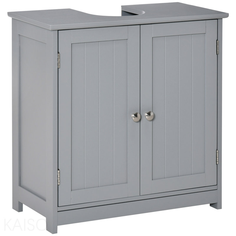 (Sans évier) Armoire de rangement à piédestal, base de meuble-lavabo, armoire de salle de bain sous évier avec découpe en U et tablette interne réglable, gris