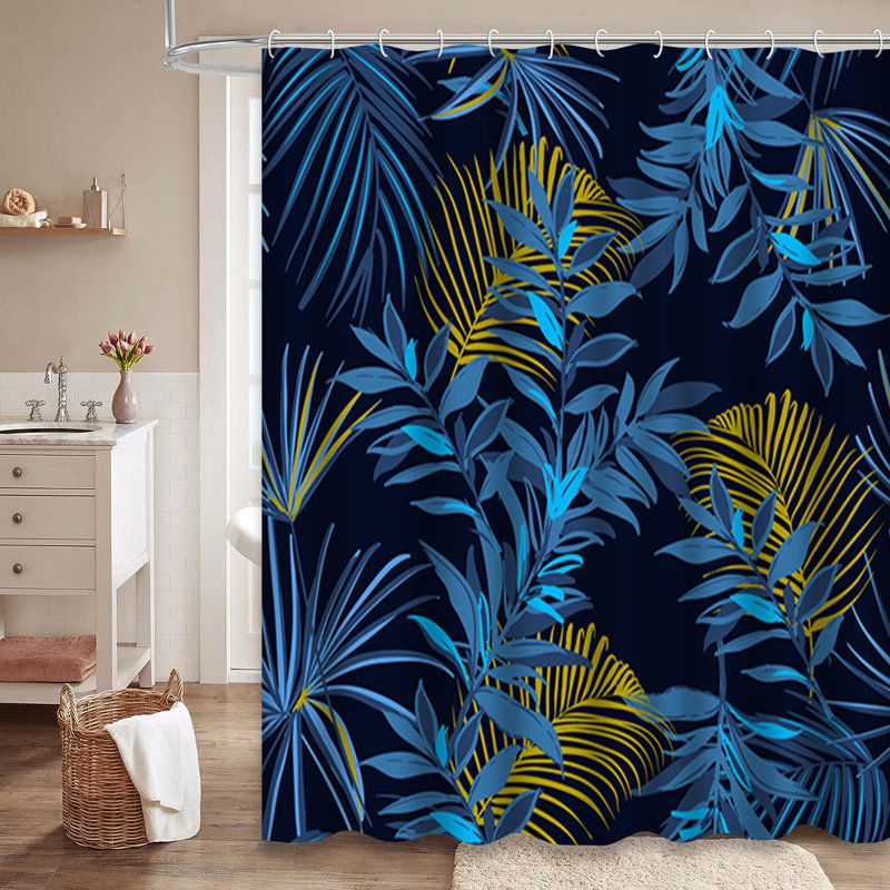 Rideau de douche bleu nuit à feuilles tropicales avec 12 crochets, L 72 po x l 78 po