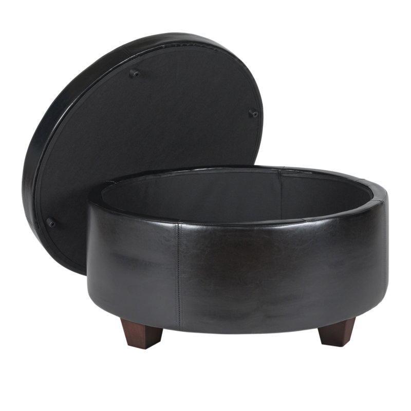Repose-pieds rond capitonné en similicuir avec rangement de 31,75 po de largeur Baller, Similicuir noir
