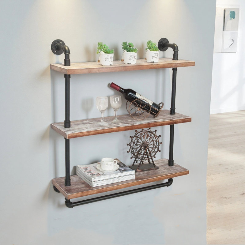 3 Tier Industrial Pipe Shelf Rustic Wood Floating Shelves,Wall Display Bookshelf,Storage Rack Sundries Holder For Kitchen Office Bathroom Organization And Home Decor (24Inch)