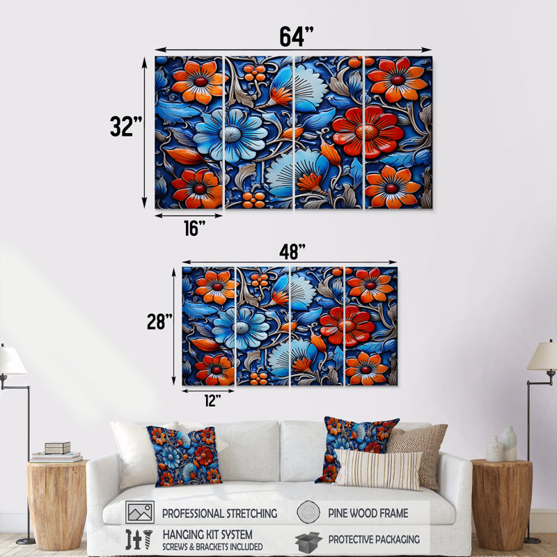 Floral Boho Blue And Orange Tile Mosaic V - Boho Mosaic 4 Piece Wall Art For Living Room, 32" H x 64" W