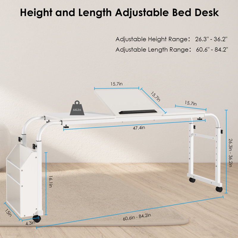 Table de lit avec roulettes, bureau pour lit mobile de 60,6 à 84,2 pouces, bureau d'ordinateur roulant, chariot pour ordinateur portable, support inclinable à 0-65 °, 4 hauteurs et 6 longueurs, panier de rangement latéral, pour la maison, le bureau et l’hôpital