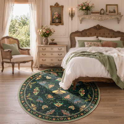 Animal & Insect Floral Round Rugs – Machine Washable with Non-Slip Backing Area Rug for Living Room, Dining Room, Bedroom