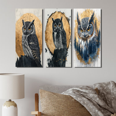 «Dalk Owl Into Golden Forest Landscape I», collection d'art mural animal hibou