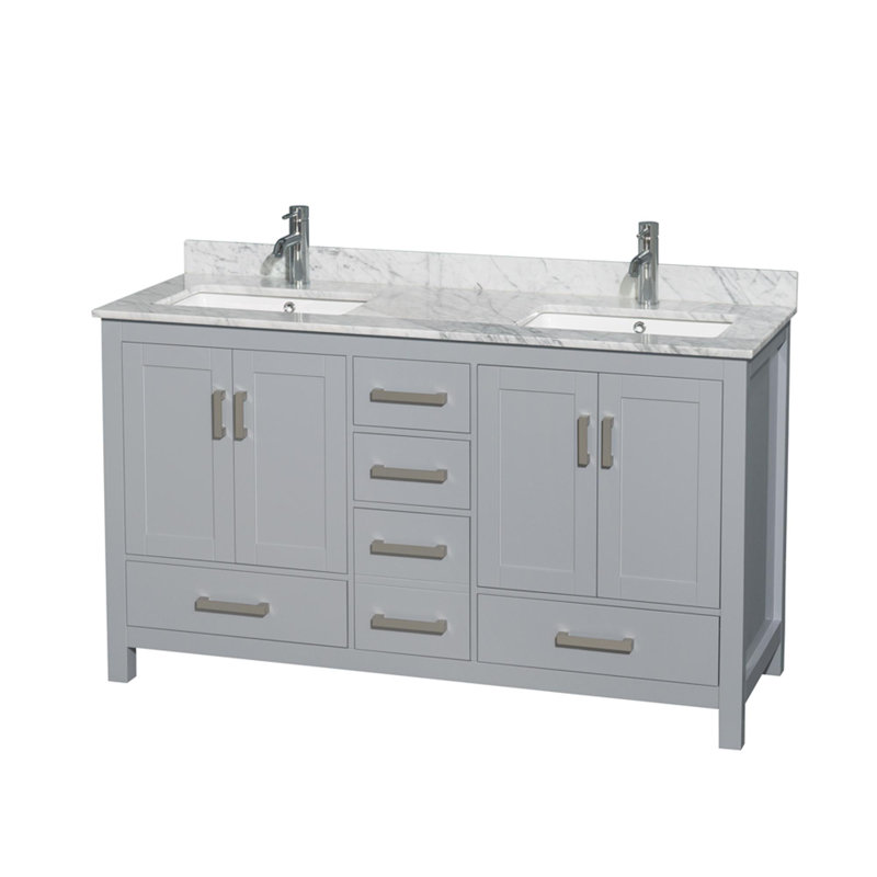 Sheffield 60" Freestanding Double Bathroom Vanity with Marble Top, Gray, White Carrara