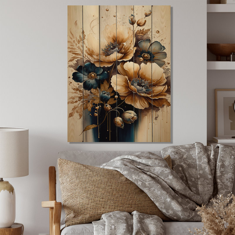 Aidon, coquelicots bruns et dorés - impression sur bois sans cadre, H 20 po x l 12 po x P 1 po