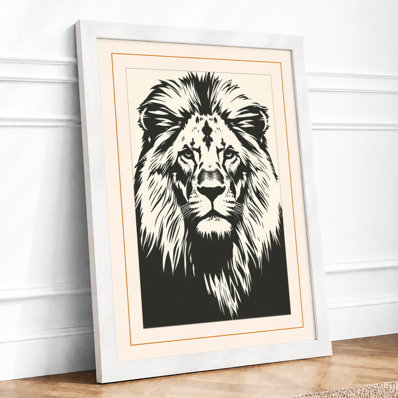 Lion's Gaze Japandi - Framed Print, A2 - 59.4 x 42.0 cm, White