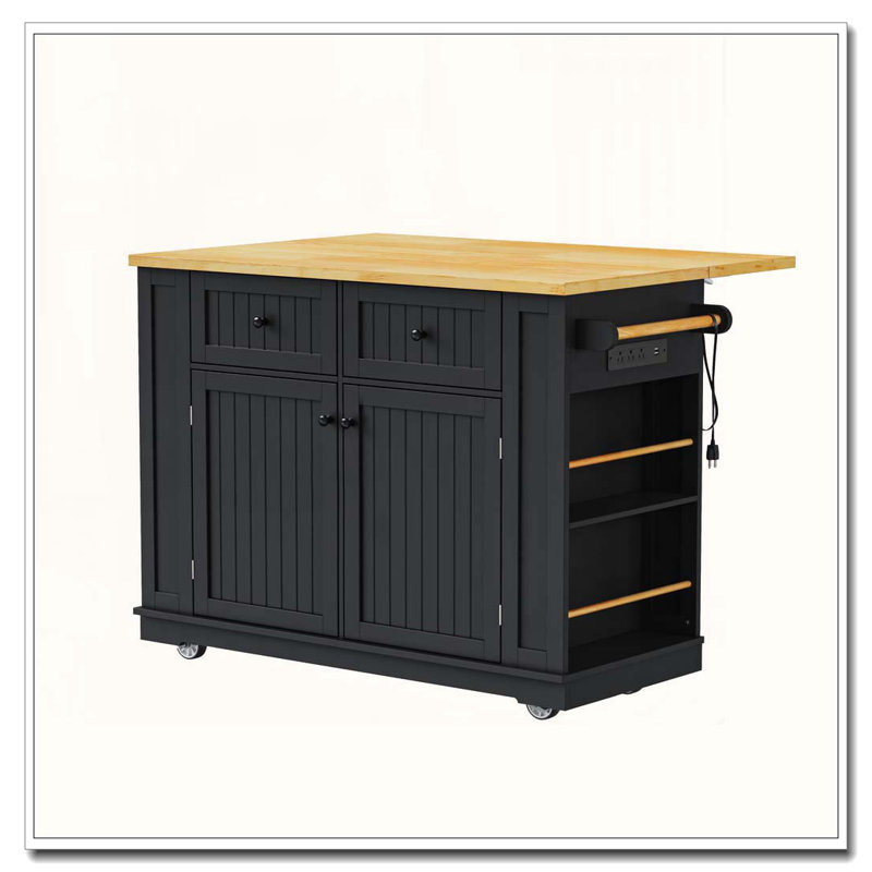 48-inch Kitchen Island with Drop Leaf & Power Outlet (Two Packages), Black