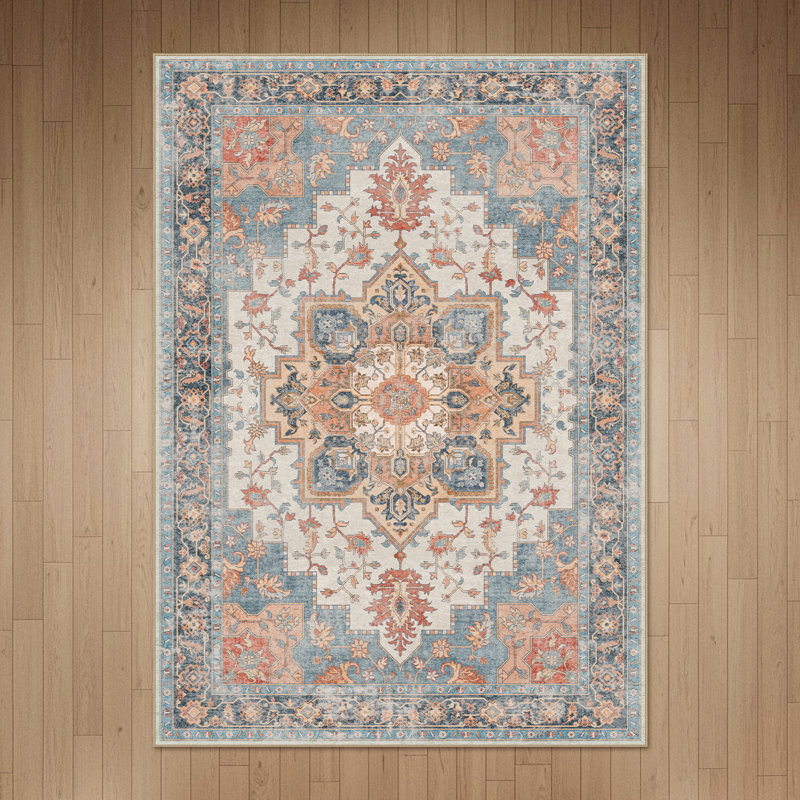 Roehit Oriental Performance Machine Washable Area Rug, Rectangle 6' x 9', Blue/Red/Beige/Orange