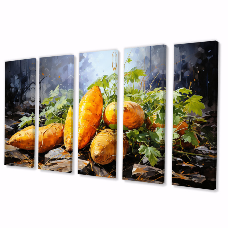 Légume patate douce orange - décoration murale maison de campagne - 5 panneaux égaux