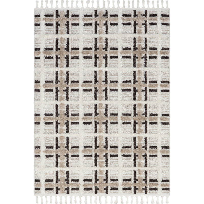 Crimson High-Low Plaid Tasseled Area Rug, Runner 2' x 8'