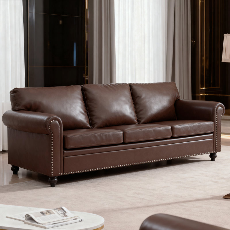 84" Faux Leather Classic Nailhead Trim Sofa with Rolled Arms, Brown