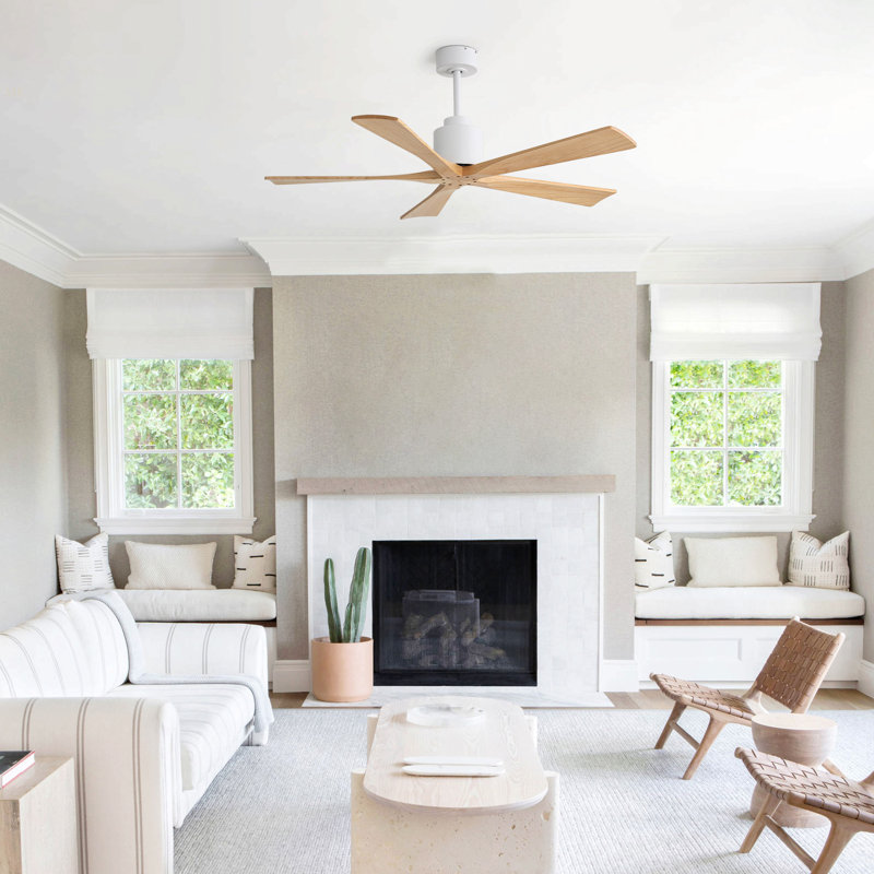 52-Inch Matte Black Ceiling Fan Without Light - Walnut Wood Blades, Remote Control , Reversible DC Motor, Matte White, Oak