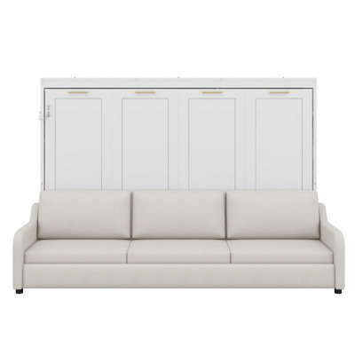 Queen Size Murphy Bed With Folding Sofa & Built-In Storage Shelves,  LED Lights