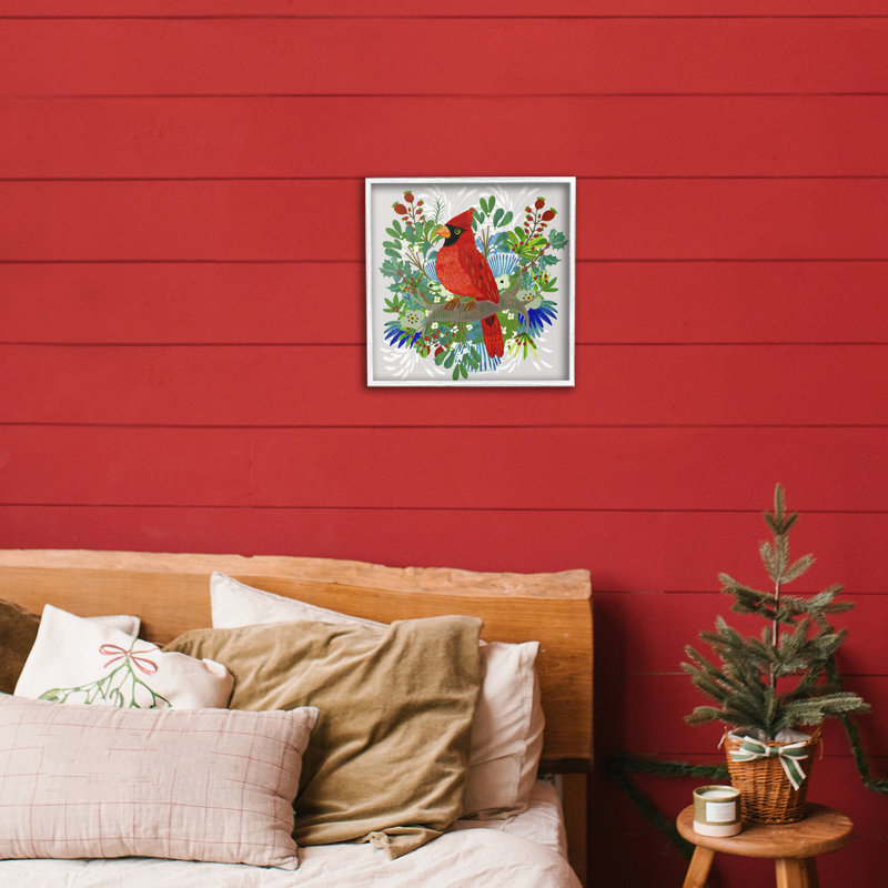 Giclée encadrée de cardinal Nestings de Noël, design par Kay Widdowson, H 12 po x l 12 po, Blanc