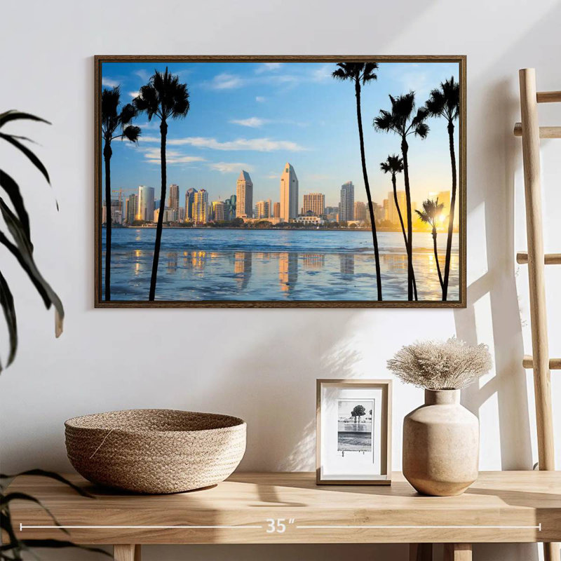 Horizon du centre-ville de San Diego, 25 po x 17 po, Cadre flottant noyer