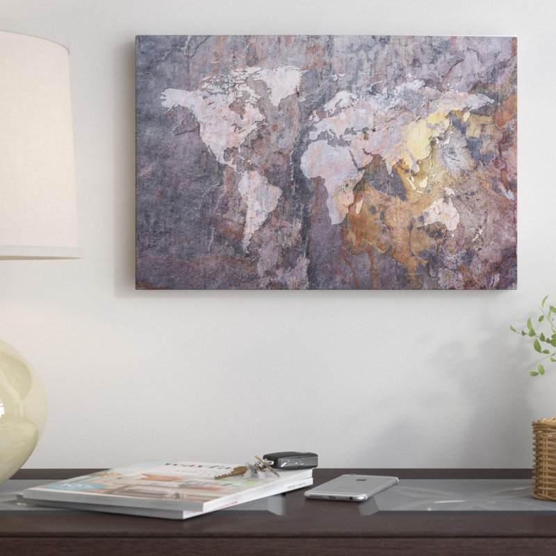 « world map on stone background », impression, H 18 po x l 26 po x P 1,5 po, Toile avec cadre noir