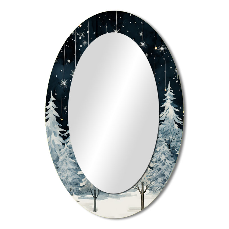 Hiver, pin, ciel étoilé étoilé I - Miroir décoratif floral ovale sur métal, 36 po x 24 po