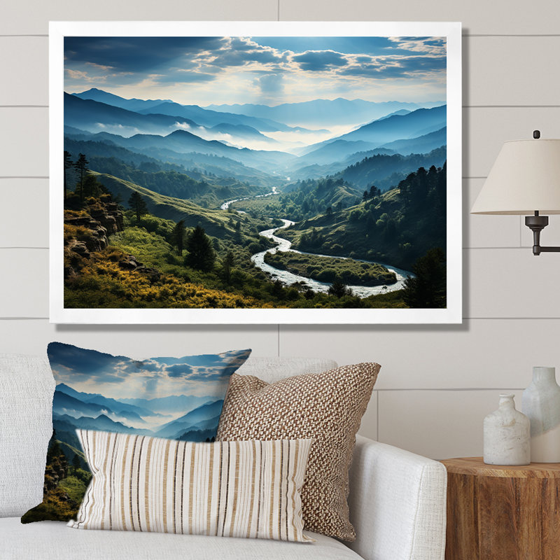 Bleu et vert, paysage de montagne majestueux II, paysage de montagnes, art mural, Cadre d'angle fermé blanc