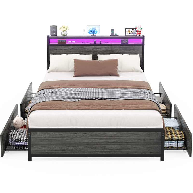 Bed Frame With 4 Drawers, Metal Frame With LED Light And Outlet, Storage Headboard, Gray, King