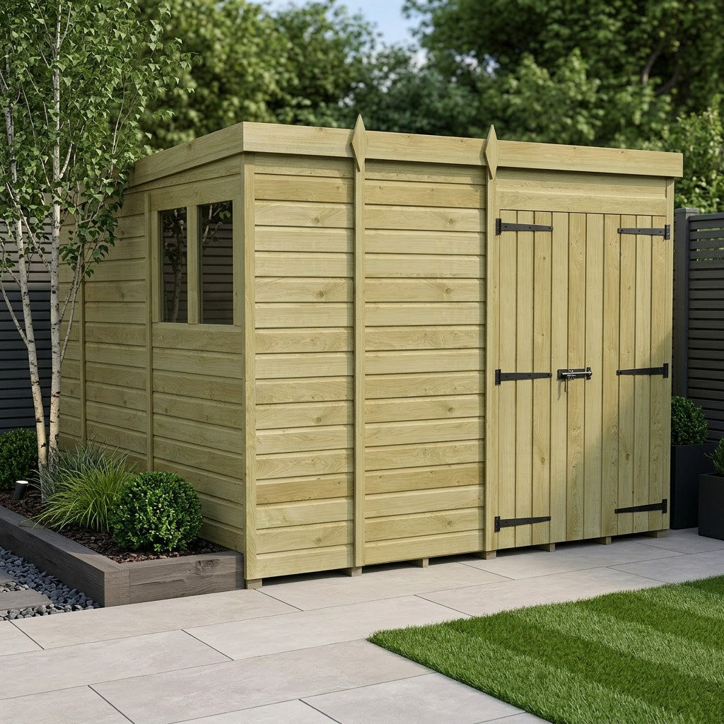 Total Sheds 9ft x 10ft Pent Garden Shed - Double Door - With Windows - Pressure Treated Timber - UK Manufactured