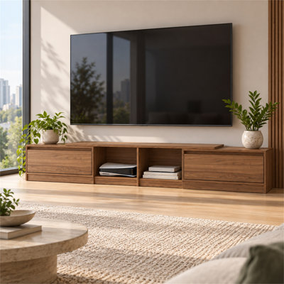 Meuble télé extensible en MDF couleur noyer foncé, largeur 53,5-85 po, avec 2 tiroirs et tablettes ouvertes