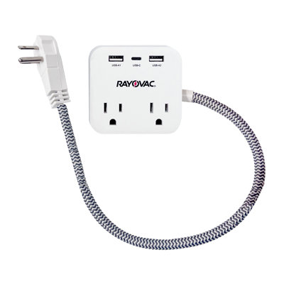 RAYOVAC® 2-AC Outlet & 3-USB Port Surge Protector Power Strip With Right-Angle Plug, 1.5-Ft, White