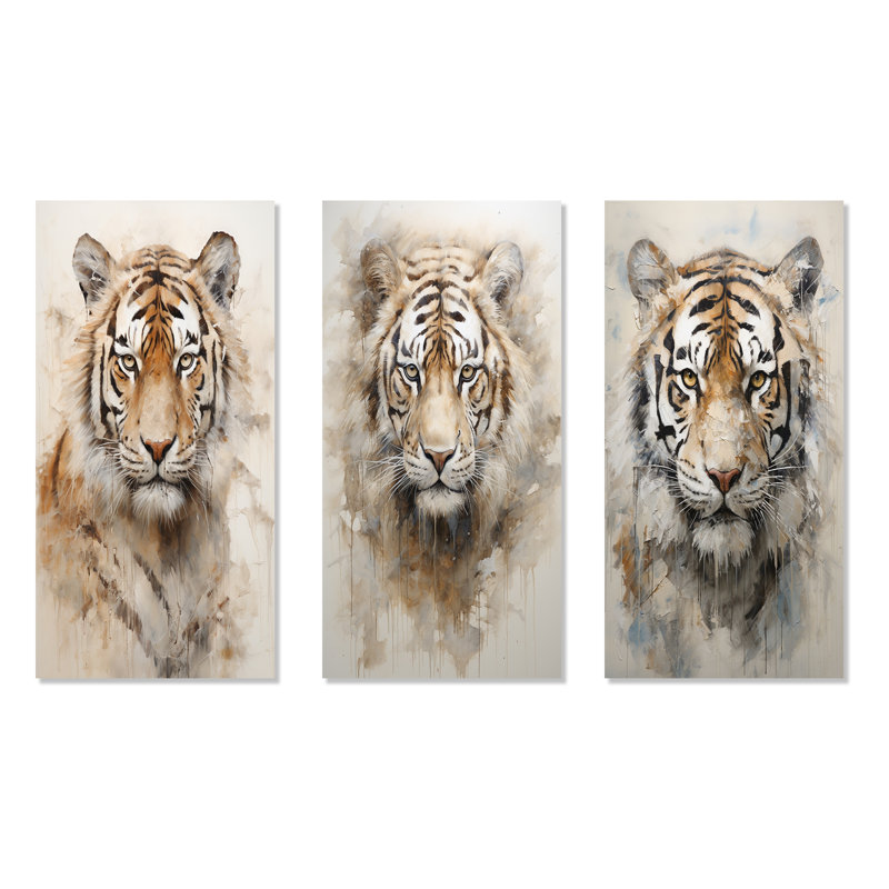 Ensemble de 3 décorations murales Minimalisme - Tigre beige, H 28 po x l 36 po, Toile tendue