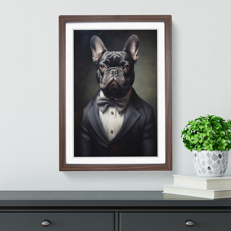 French Bulldog In A Suit No.2 - Single Picture Frame Print on Wood, Walnut Framed, 64cm H x 46cm W