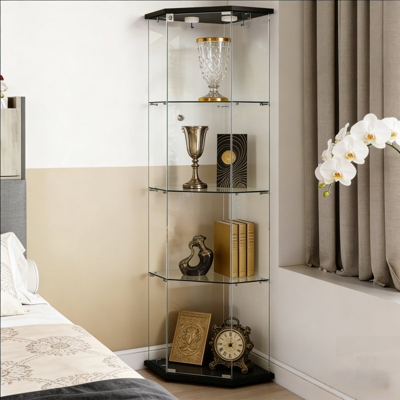 Vitrine à cinq côtés en verre trempé avec lumières et verrous, pieds réglables pour différents planchers, Black