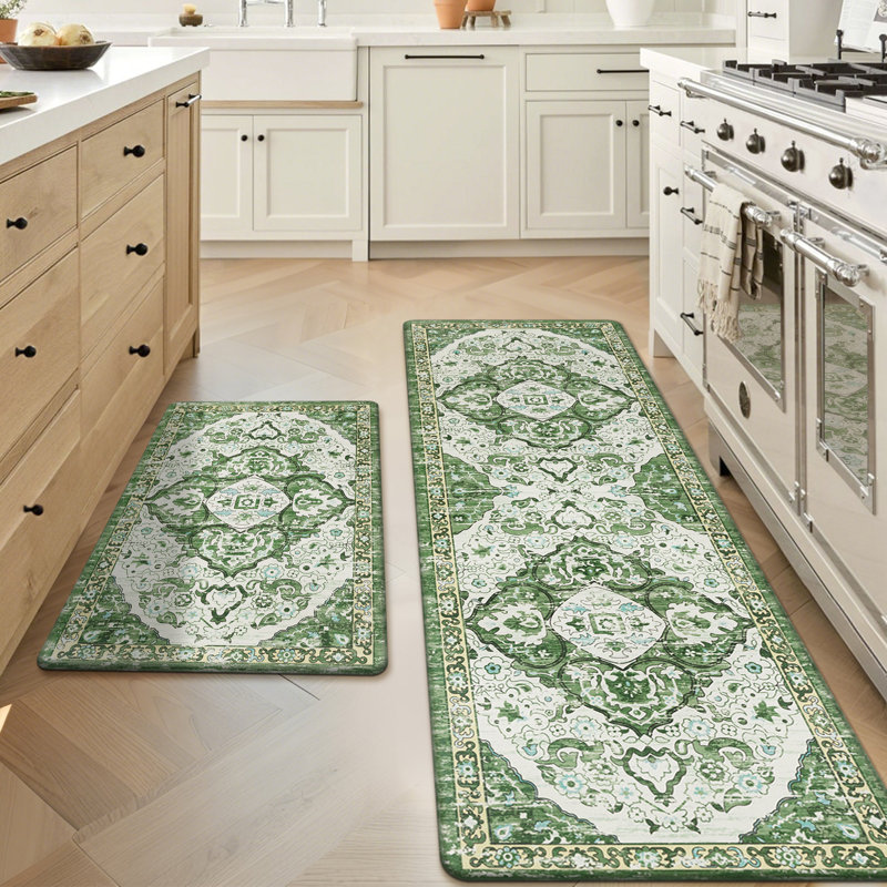 Jainiyah Anti-Fatigue Non-Skid Waterproof Kitchen Mat (Set of 2), Runner 20" x 31.5" + 20" x 59", White/Green