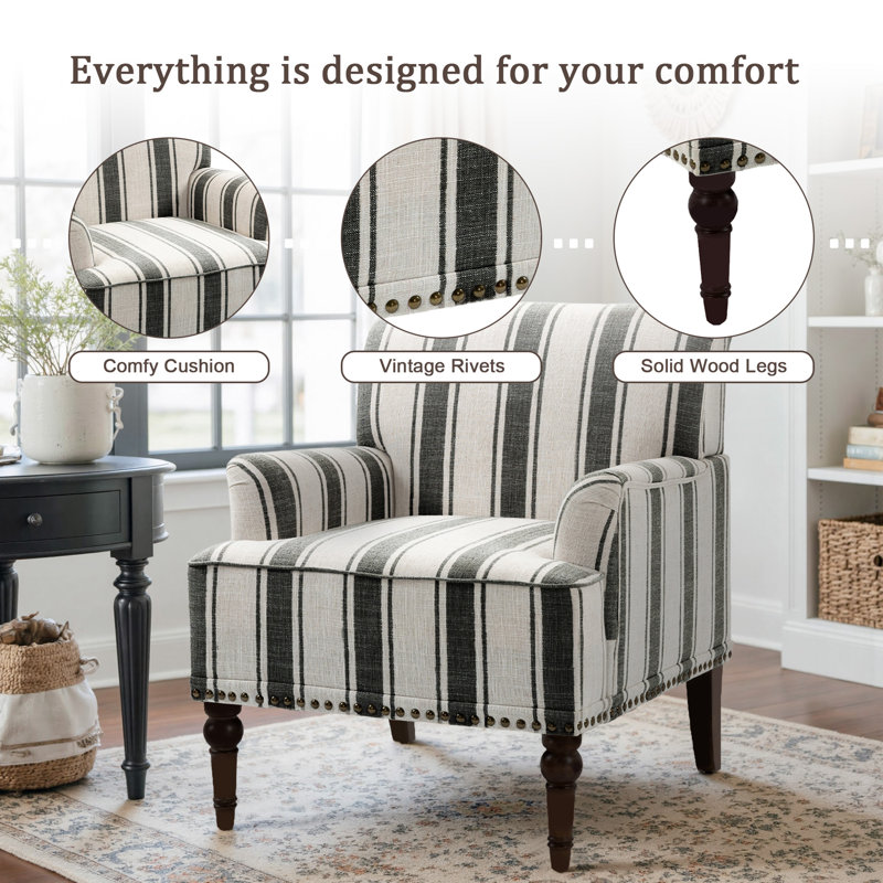 Arian 73 Cm Wide Cotton Armchair, Black Stripe Linen Blend
