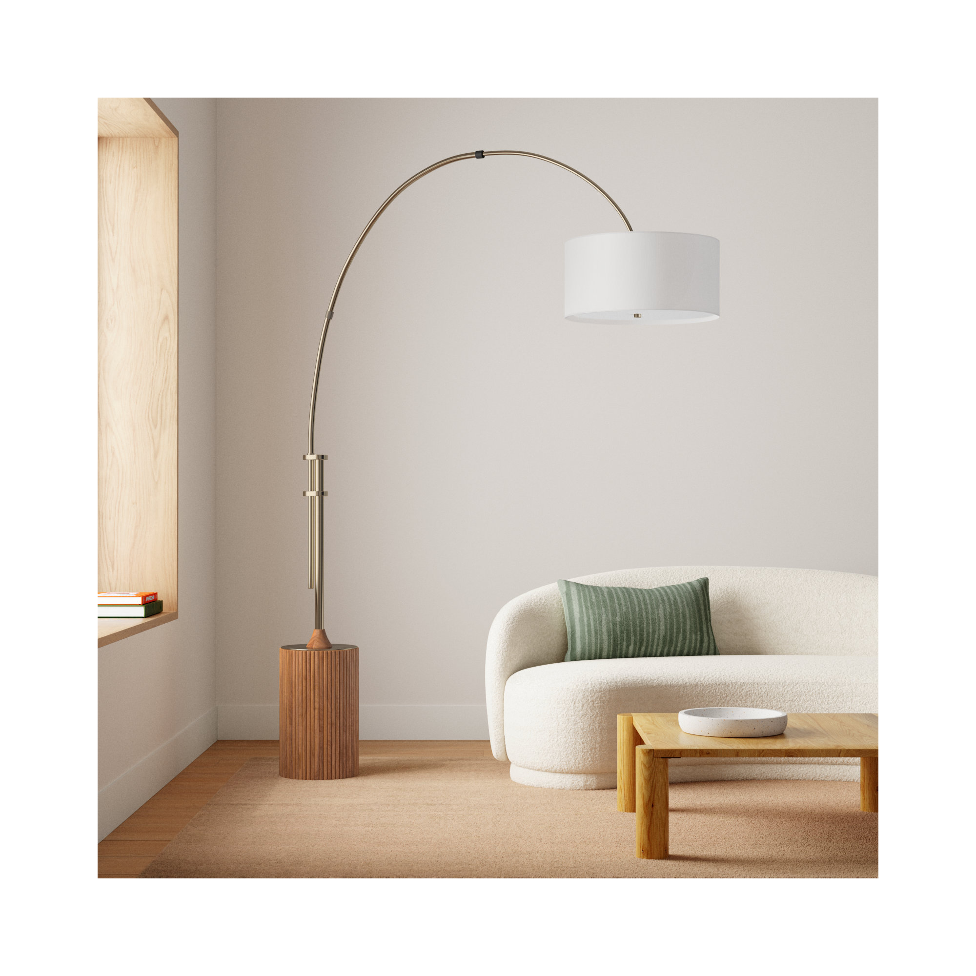 Tambo Arc Floor Lamp - Dark Walnut Wood Finish, Weathered Brass, Tambour base, White Linen Shade, Di, Dark Walnut