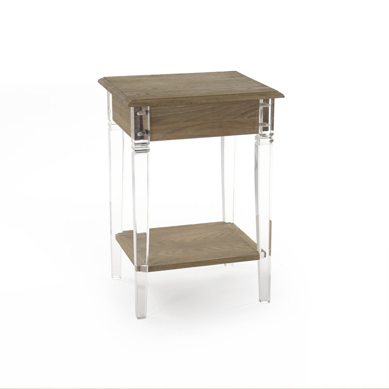 Limed Gray Oak Acrylic End Table with Drawer and Shelf