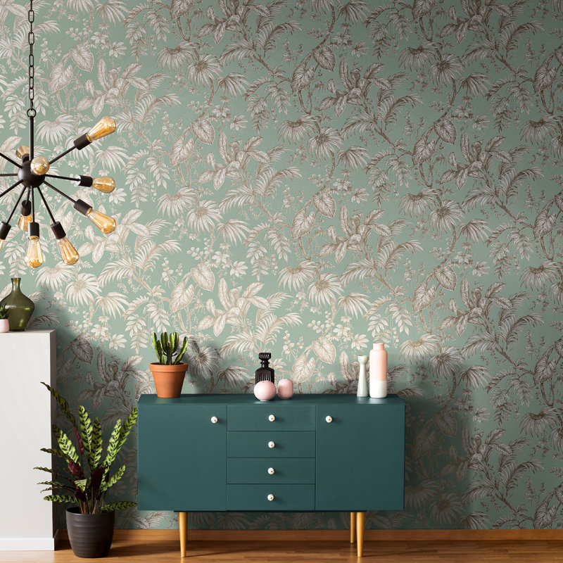 The New Design Book 10m x 53cm Textured Matte Wallpaper Roll, Green/Gold
