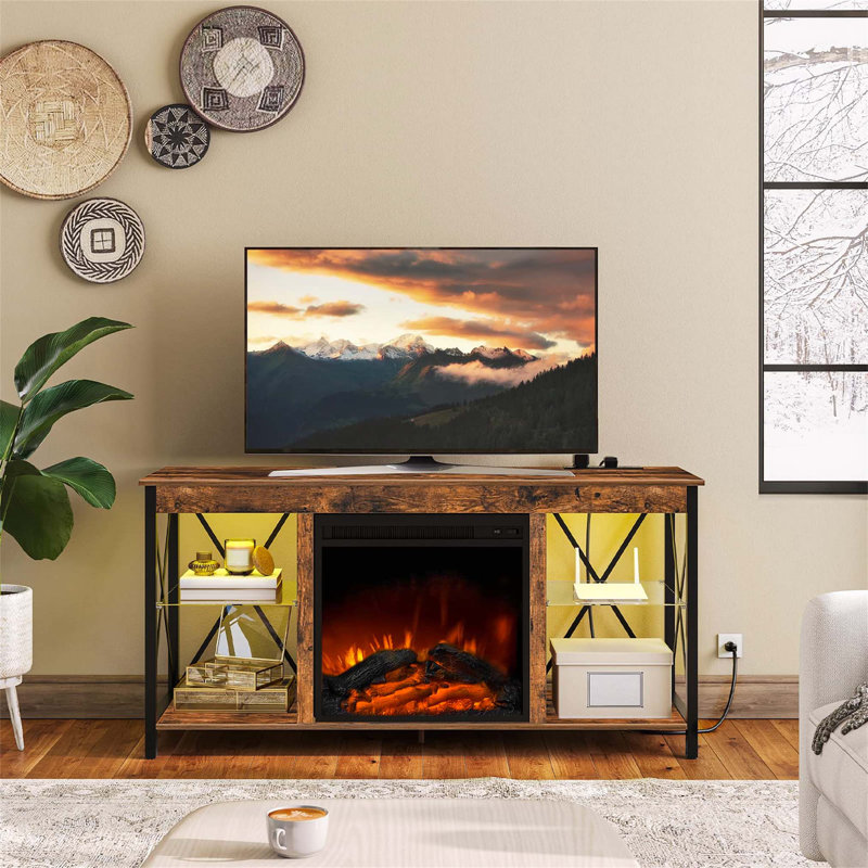 Rustic Brown Electric Fireplace TV Stand with Glass Shelves