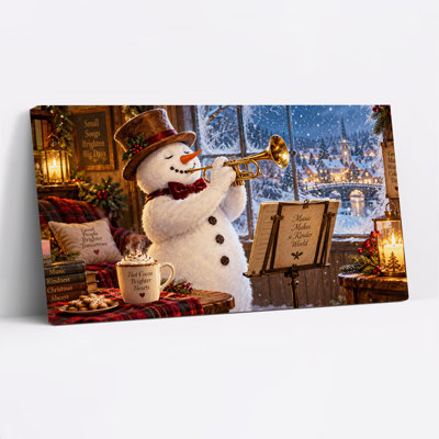 Bonhomme de neige jouant de la trompette dans une pièce à carreaux avec toile de Noël enneigée
