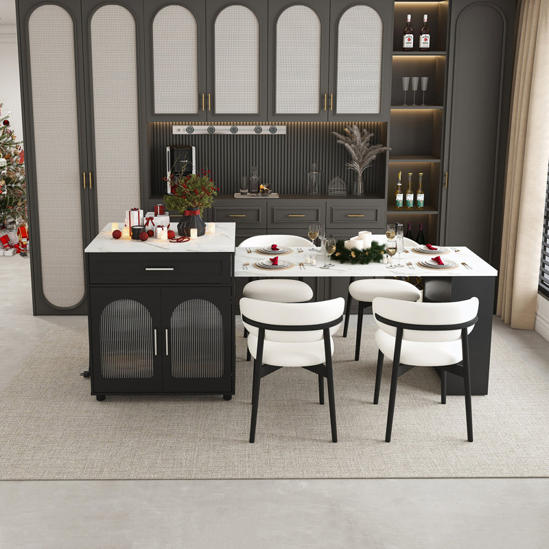 Îlot de cuisine avec rangement extensible avec table de salle à manger et prise de courant, Noir