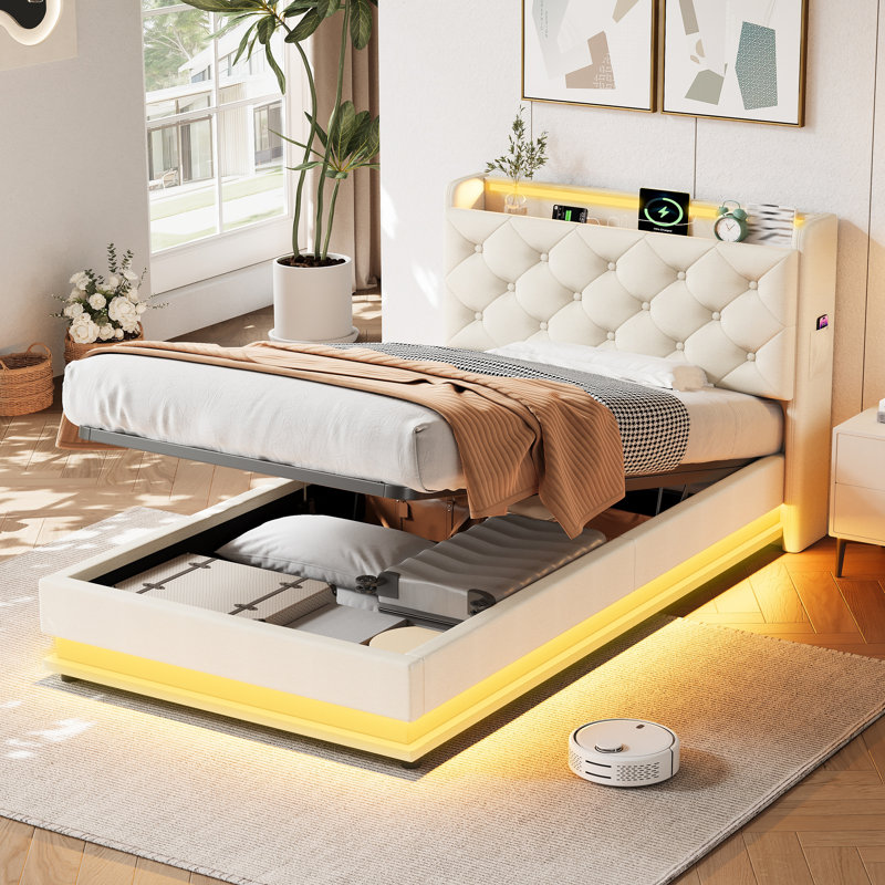 Metal Ottoman Storage Bed, Beige
