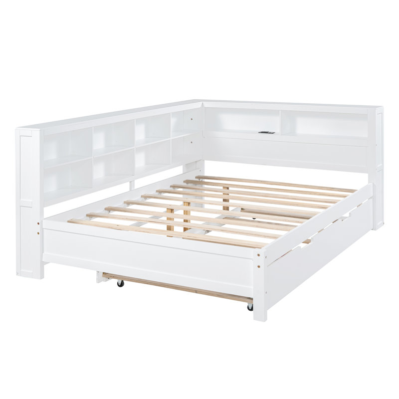 Dumbarton Erby Wood Bookcase Storage Bed with Trundle,Storage Shelf and USB Charging Ports, White, Full