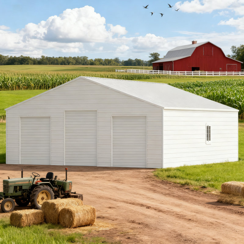 Grange en métal 39 pi x 39 pi - bâtiment en acier robuste avec 3 portes de garage en métal - Le client doit avoir des capacités de déchargement, comme un chariot élévateur ou une grue