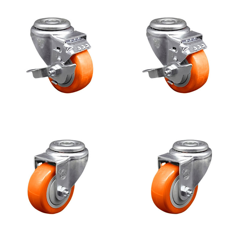 3.5 Inch SS Polyurethane Wheel Swivel Bolt Hole Caster Set with 2 Brake, Orange