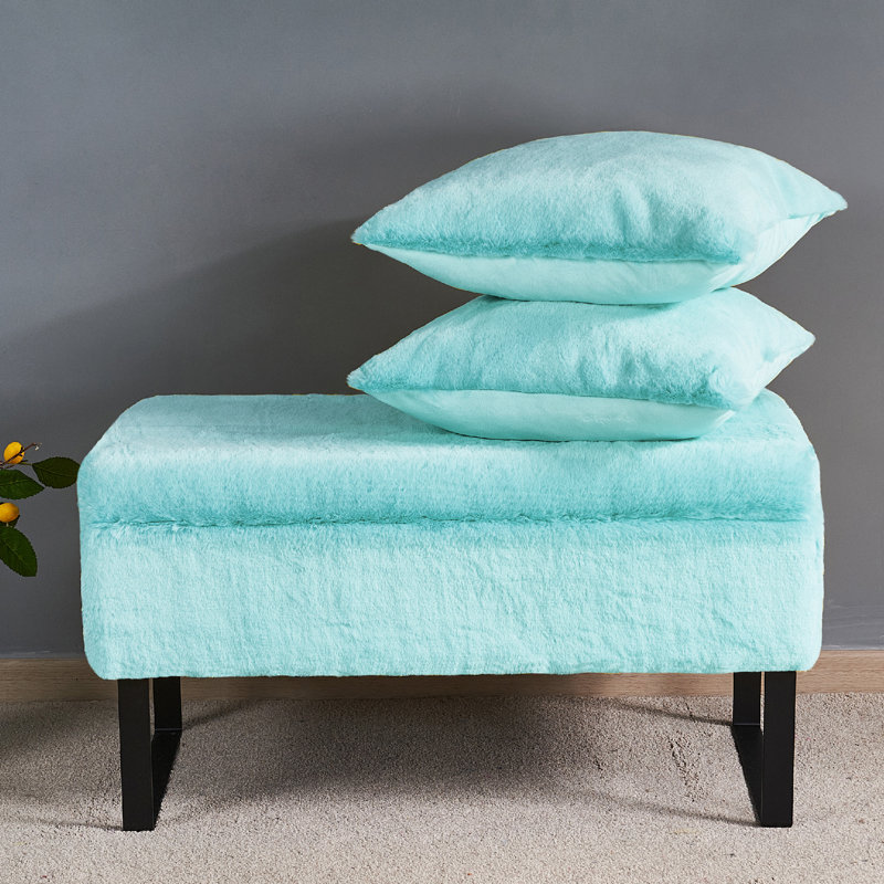 Lovitto Upholstered Ottoman, Bleached Aqua Faux Fur