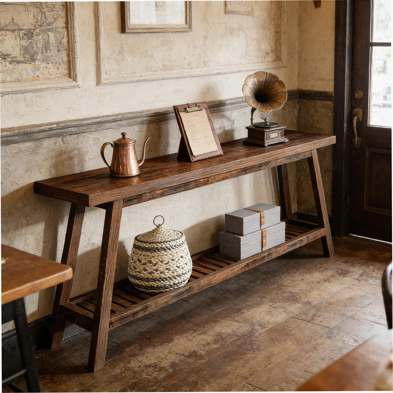 Extra-Long 2-Tier Console Table, Space-Saving And Rustic Farmhouse Style For Entryways And Living Rooms, Brown