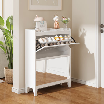 Mirrored Shoe Storage Cabinet With 2 Flip Drawers