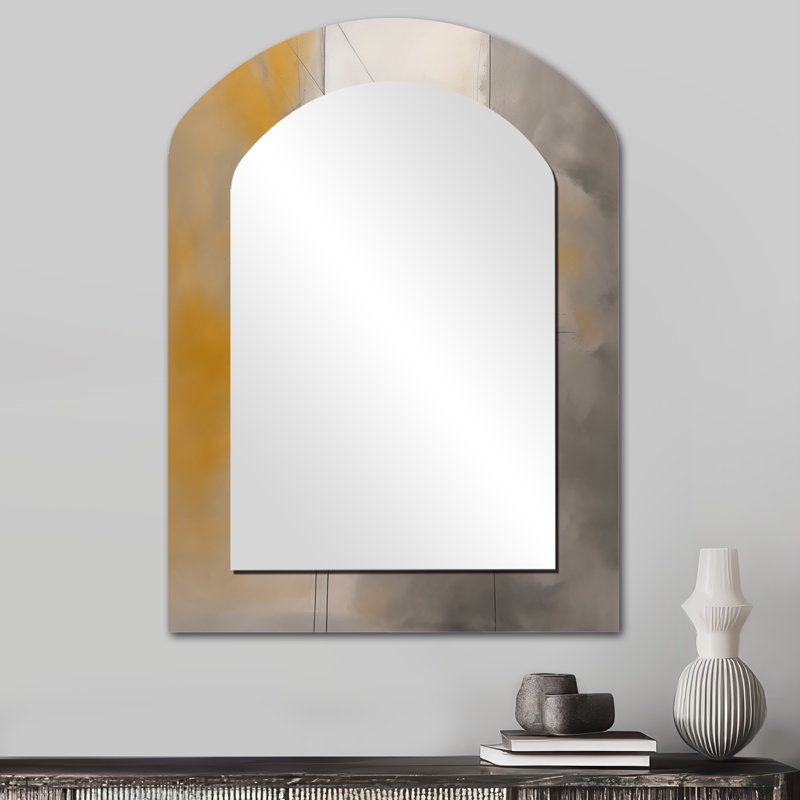 Mélange géométrique gris et jaune - miroir mural minimaliste arche, miroir asymétrique moderne, impression d'art en métal