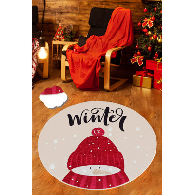 Christmas-Themed Round Area Rug, 55.1 in Diameter | 100% Polyester, 0.4 in Pile Height, Non-Slip Underside, Machine Washable | Festive Red, White, Cream & Black Design | Perfect for Holiday Decor & Cozy Living Rooms