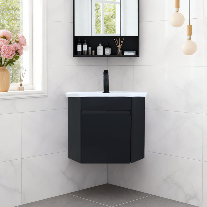 22"Black Corner Single Bathroom Vanity Set With Ceramic Top